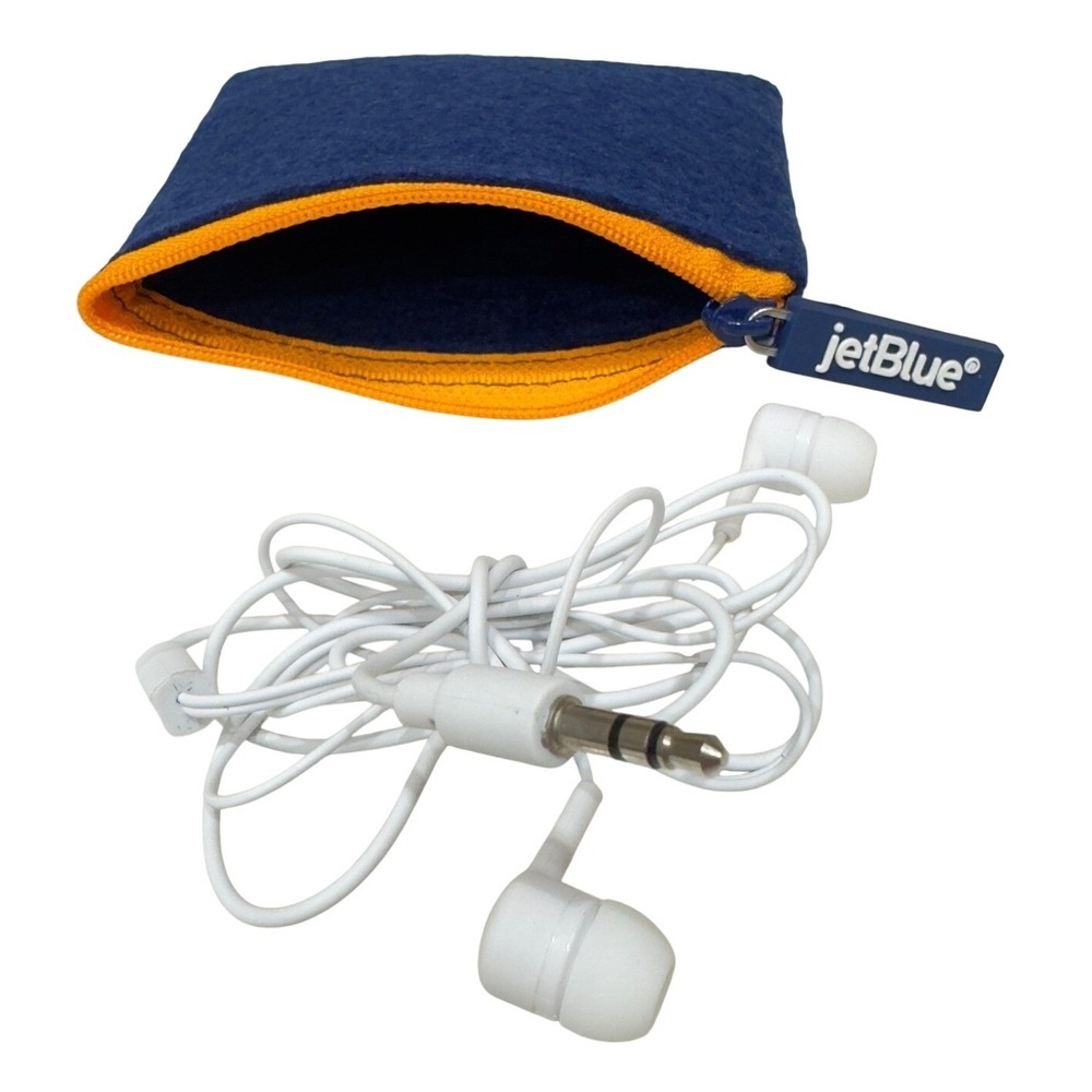 JetBlue Airline Amenity Wired Headphones Earbuds with Blue Felt‎ Zipper Pouch